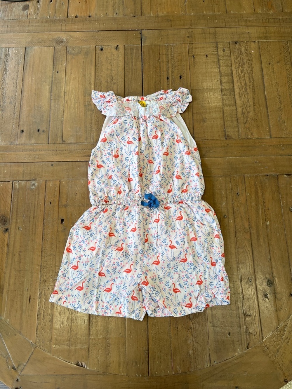 Mini Boden Pink flamingo floral short romper one piece 7-8 years ruffled